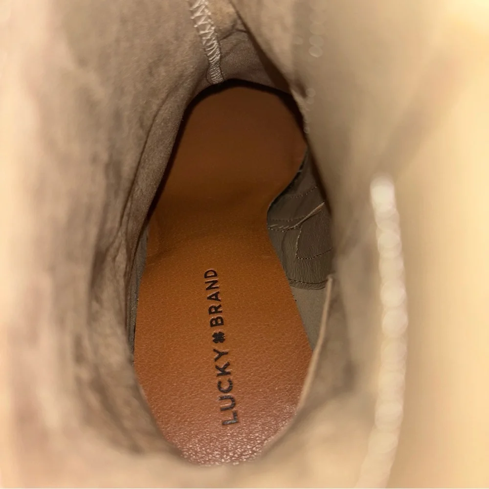Lucky Brand Boho Suede Leather Boots Block Heel Side Stud Detail Tan Size 7.5